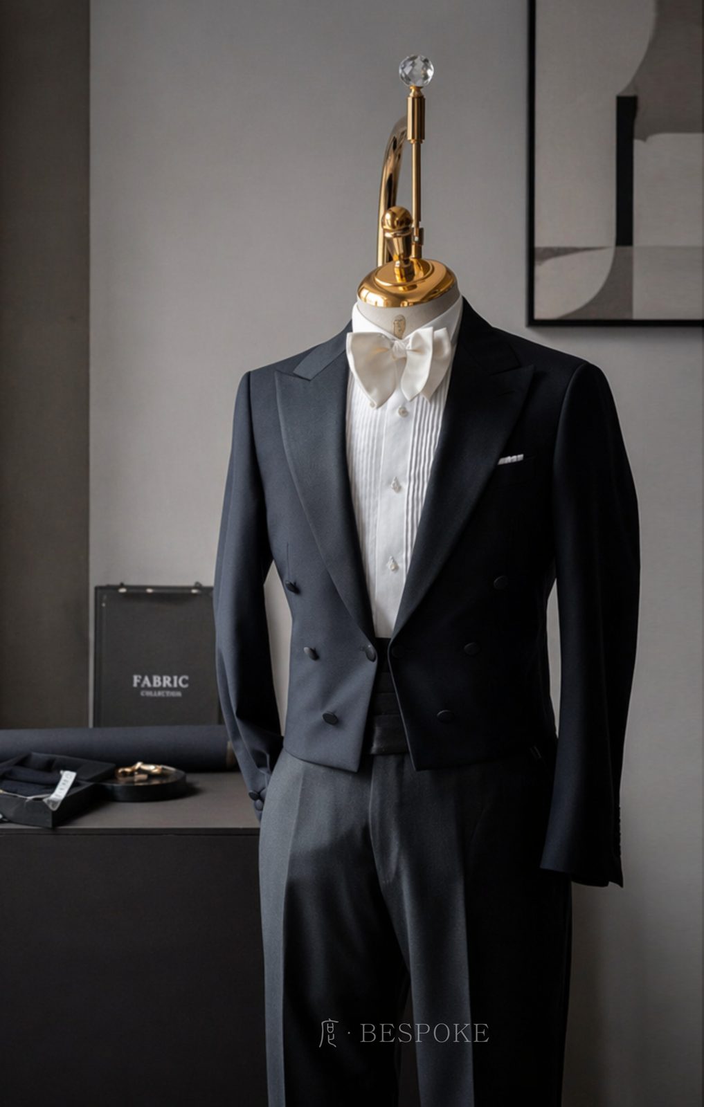 度·BESPOKE 定制黑色燕尾服与白色领结，人台立拍