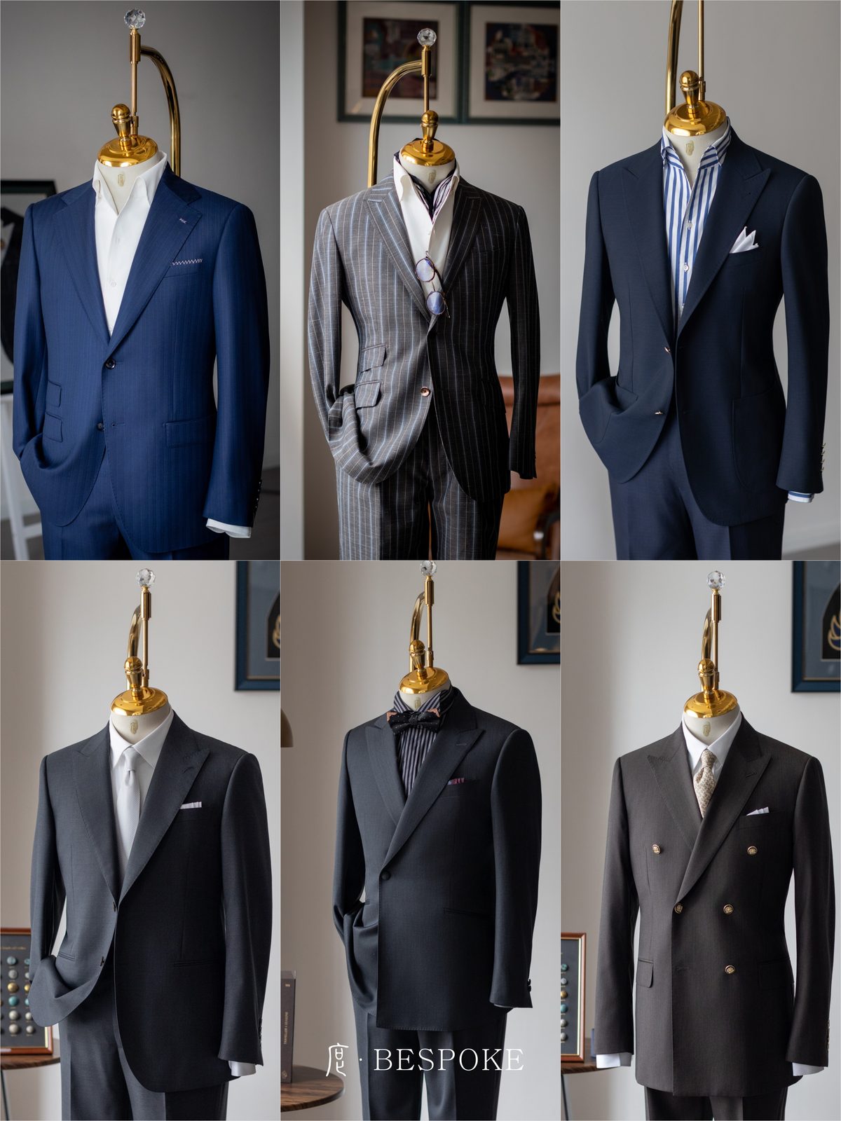 度·BESPOKE 定制商务西服三件挂拍：藏青、灰条纹与深藏青戗驳领